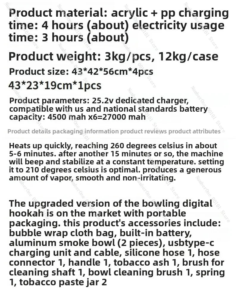 Rechargeable Electronic Hookah Set with LED Light, Portable Smokeless Shisha Machine for Home Party Bar Club, USB Electric Hooka