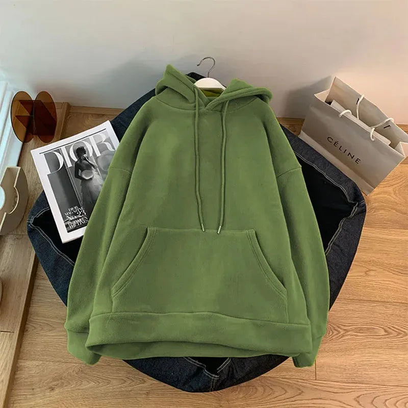 Autumn Korean Solid Hoodies Women Fashion Loose Pocket All Match Warm Pullover Tops Y2K Oversized Streetwear Casual Sweatshirts