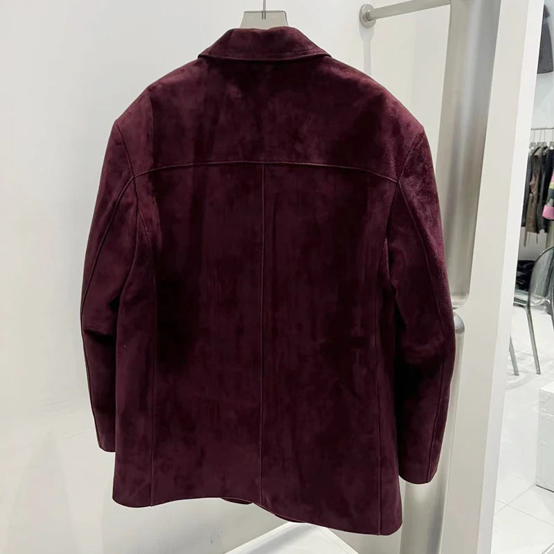 French High-end Western-style Leather Jacket for Women 2025 New Color Purple Red Oversized Casual Kid Suede Suit Blazer Outwears