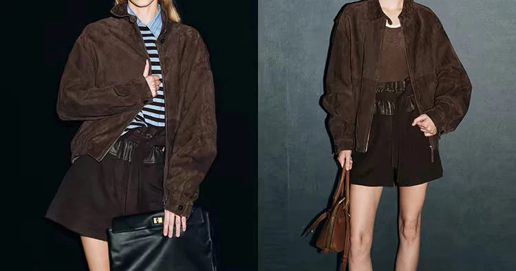 Brown Suede Jacket Spring Women Sheepskin Vintage Old Money Style Wide Shoulder Casual Baseball Leather Coat Giacca Pelle Donna
