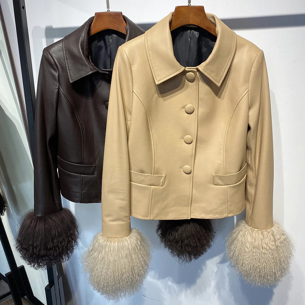YOLOAgain Women's Mongolia Sheep Fur Collar Real Leather Jacket Single Breasted
