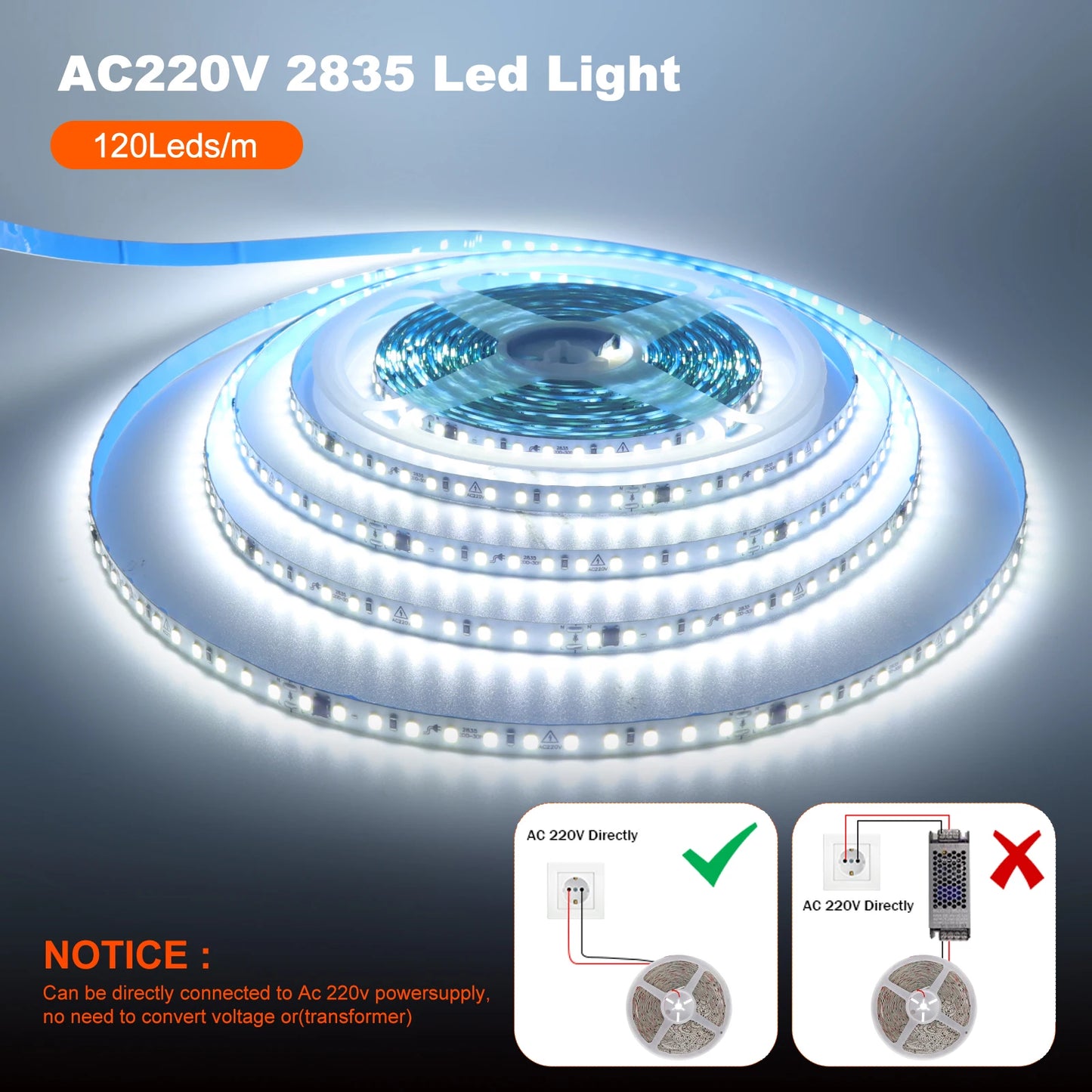 10m 20m 50m 220V 2835 LED Strip Light No Need Driver High Bright 120LEDs/M Flexible Tape Lights IP44 Waterproof Home Lighting