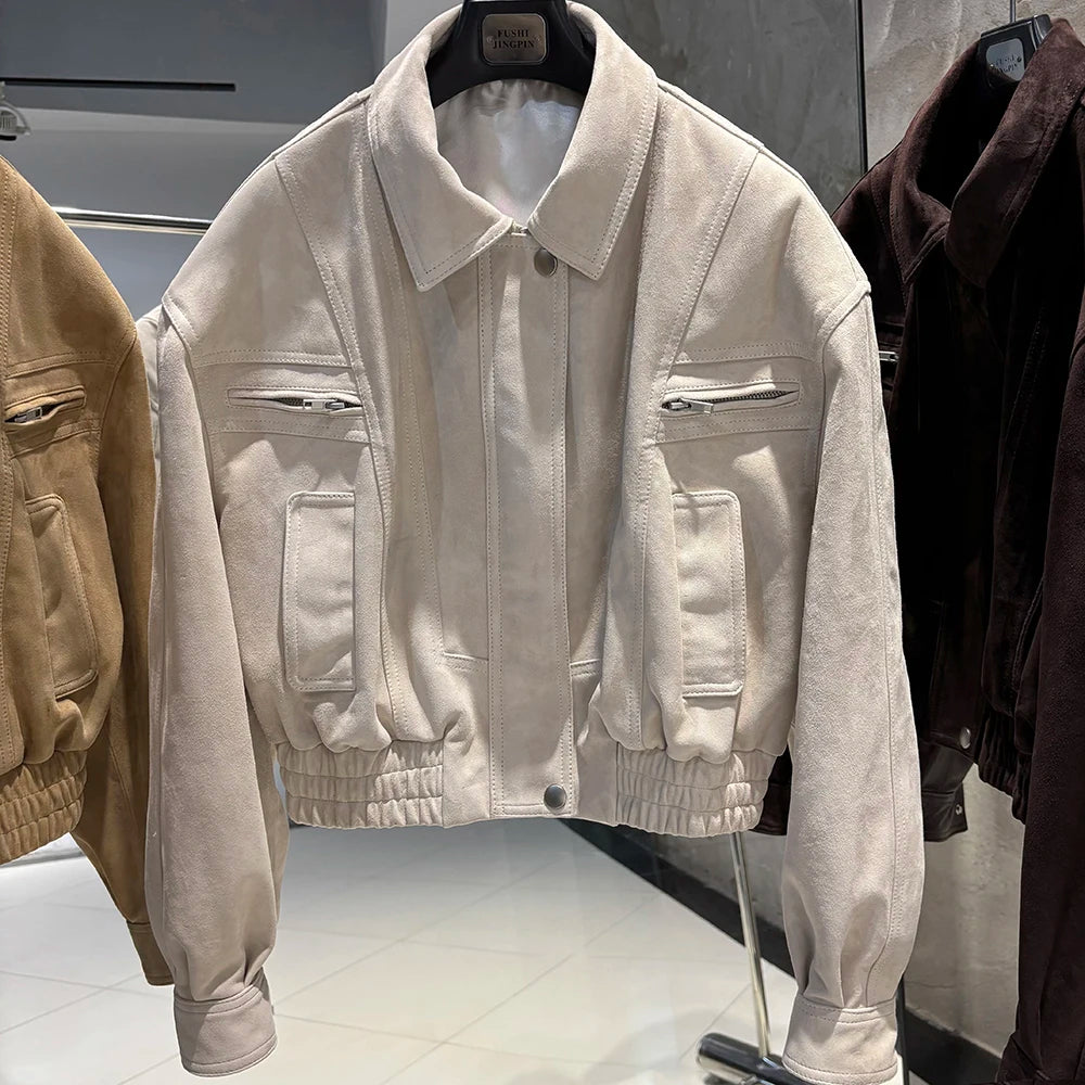 YOLOAgain 2025 Autumn Oversized Suede Jacket Women Real Leather Bomber Jacket Female