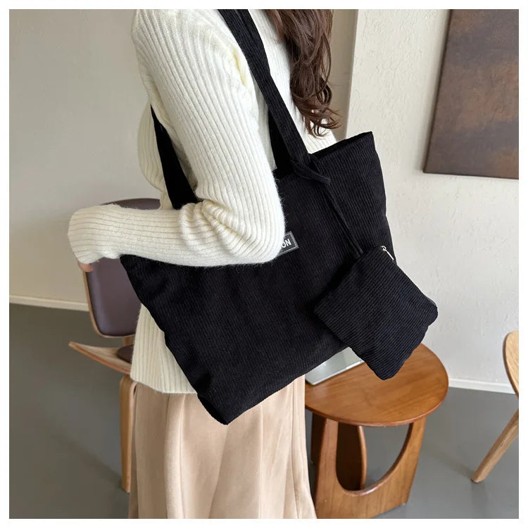 Ladies' handbag, corduroy ladies' shoulder bag, daily commuting tote bag, shoulder bag with small bag
