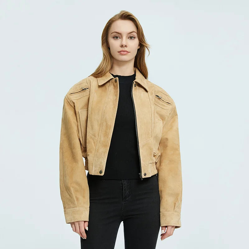 2025A Lady's Fashion Real Suede Jacket Genuine Goatskin Suede Bomber Jacket Oversize Leather Coat Women's Suit