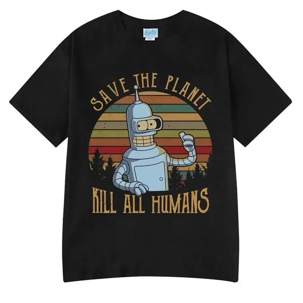 Summer Fashion Hot Save The Planet Kill All Humans Funny Tops Robot Print Oversized T-Shirts Men Women Short Sleeve Cotton Tops