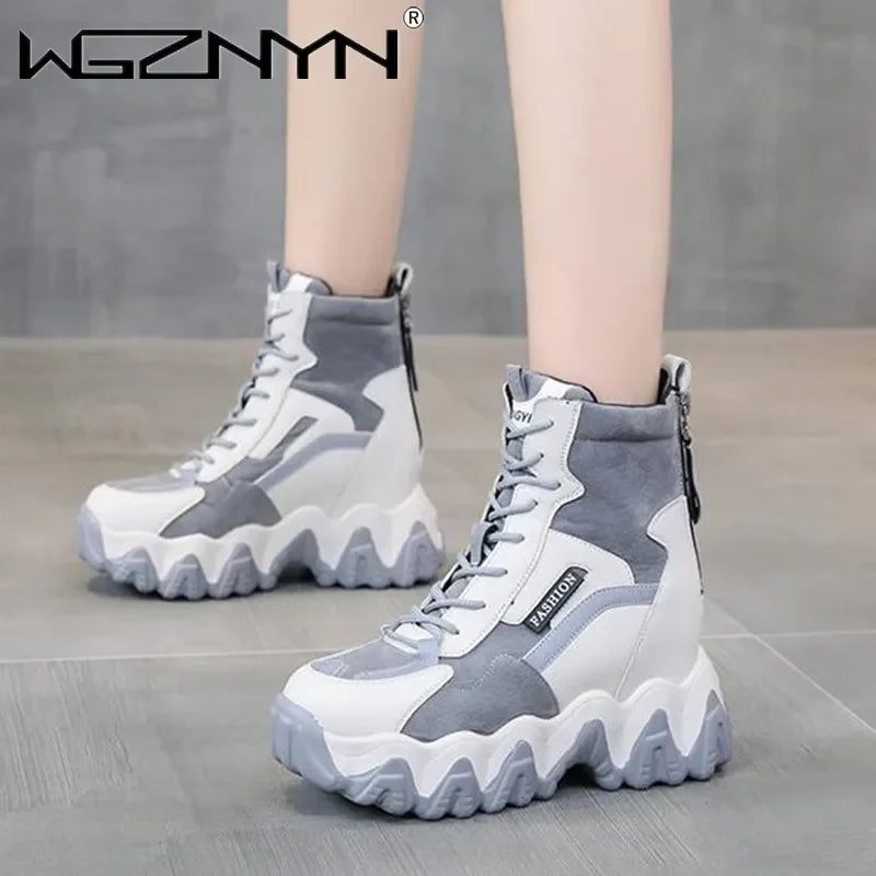 2025 Women Thick Sole Ankle Boots Autumn Luxury Platform Casual Boots Women's 8cm High Heels Wedge Boots Shoes Woman Sneakers