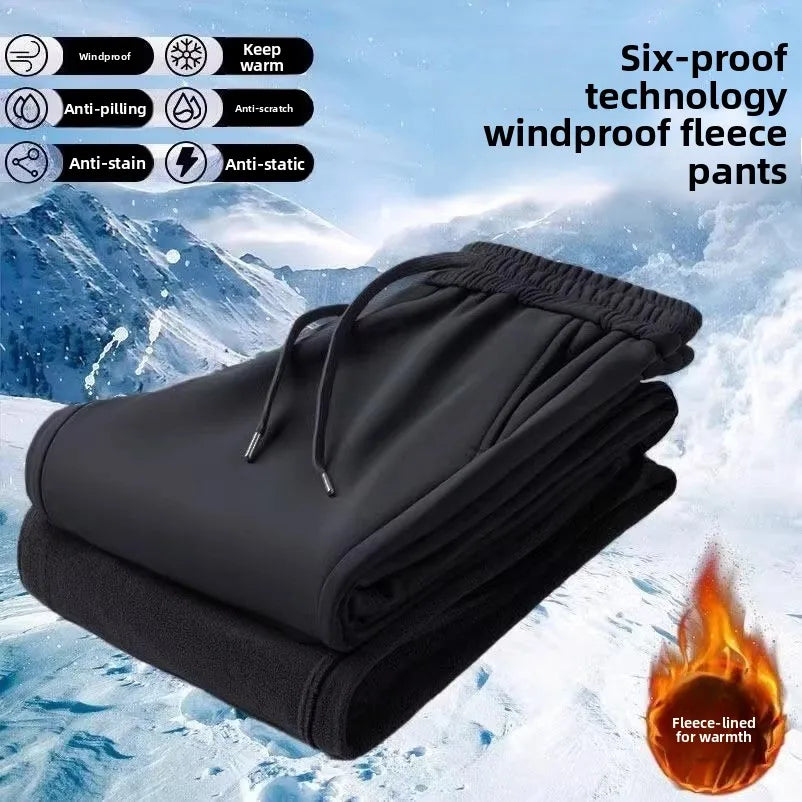 Men's Outdoor Casual Pants Thickened Fleece Lined Loose Fit Windproof Waterproof Winter Warm Cotton Trousers Straight Leg Jeans