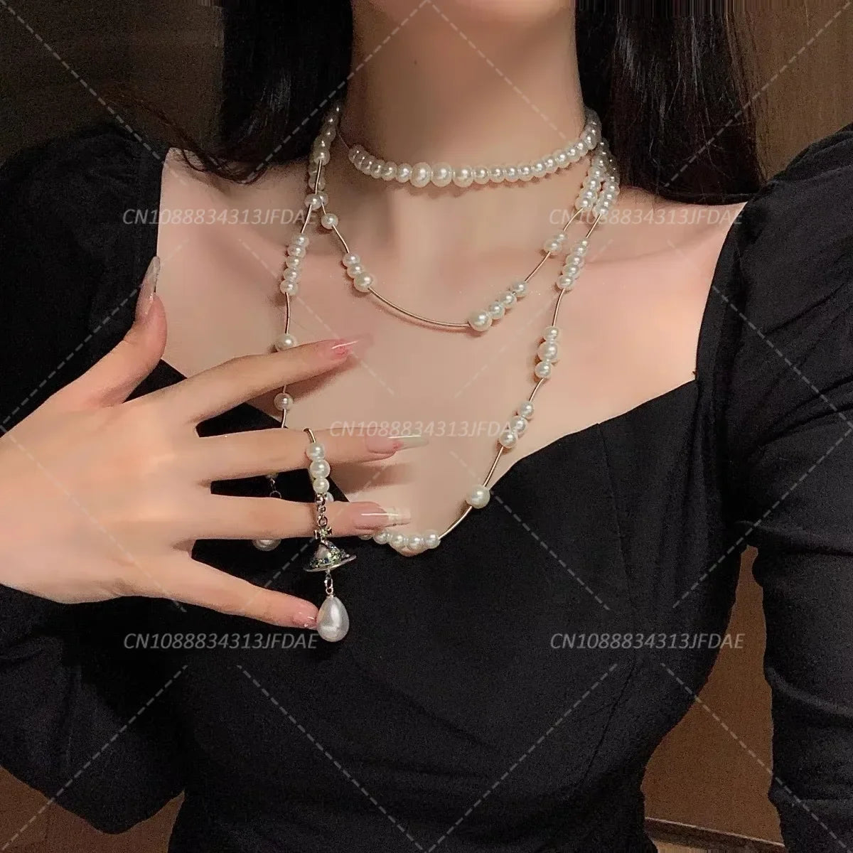 Multilayered Elegant Pearl Fringed Necklace Niche High-end Feel Asymmetric Drape Neck Chain Trendy Vintage Necklace