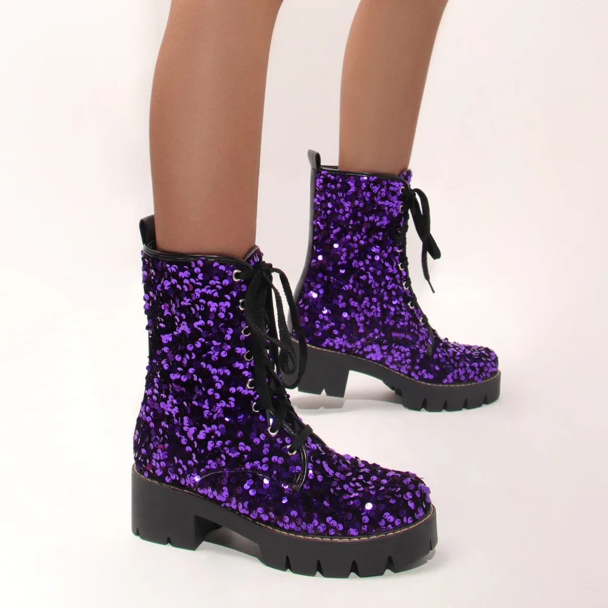2025 New Fashion Women Shoes Front Lace Up Sequin Short Boots Coarse Heel Stage Show Ankle Boots Ladies Party Casual Short Boots