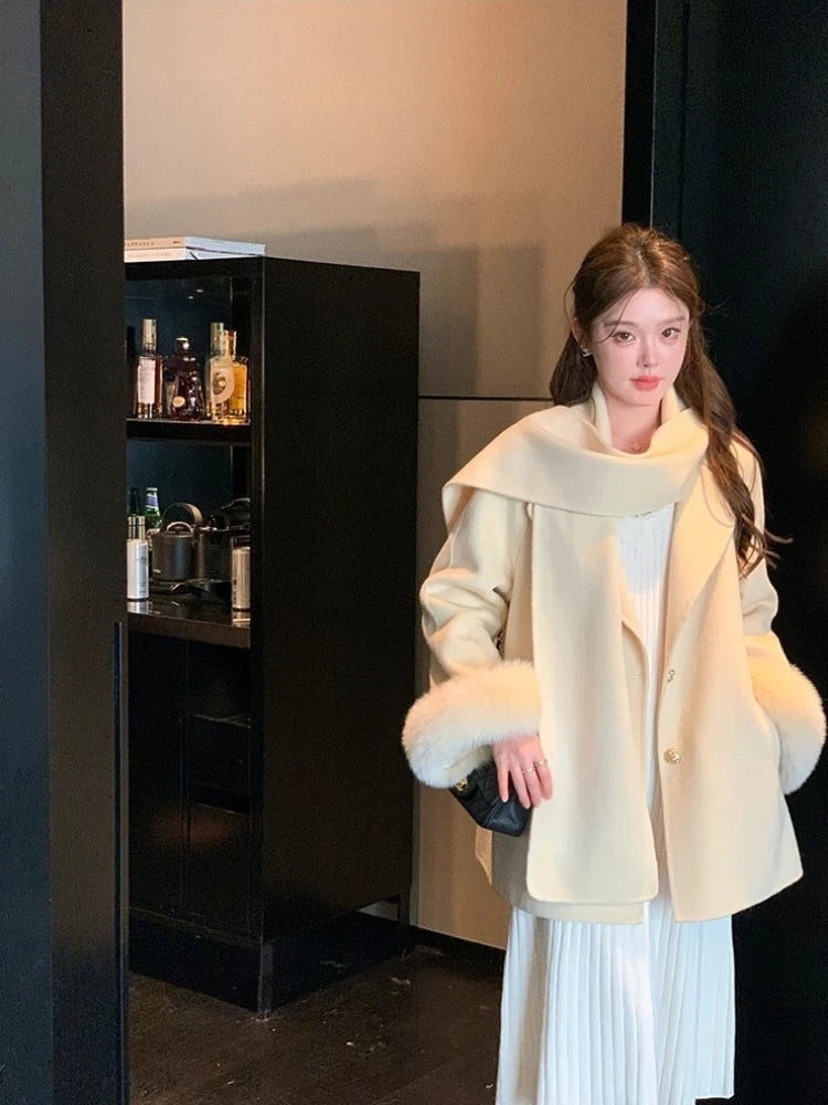 Elegant Wool Coat Warm Women Double Faced Luxury Real Fox Fur Sleeves 100 Wool Scarf Autumn Winter 2025 New Fashion Trench Coat