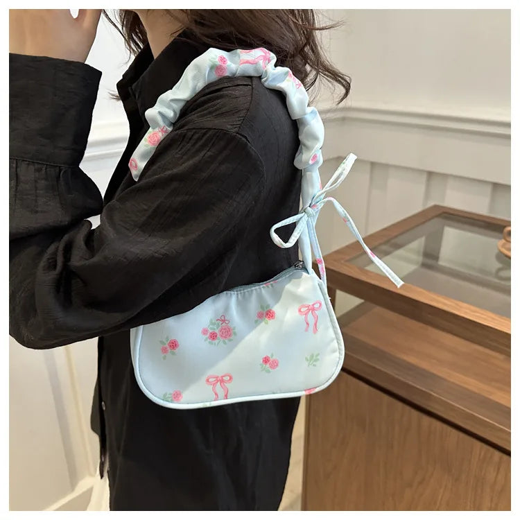 Women's Bags New Sweet Print Canvas Handbags Korean Floral Bow Printed Zipper Tote Bag Female Small Shoulder Bag