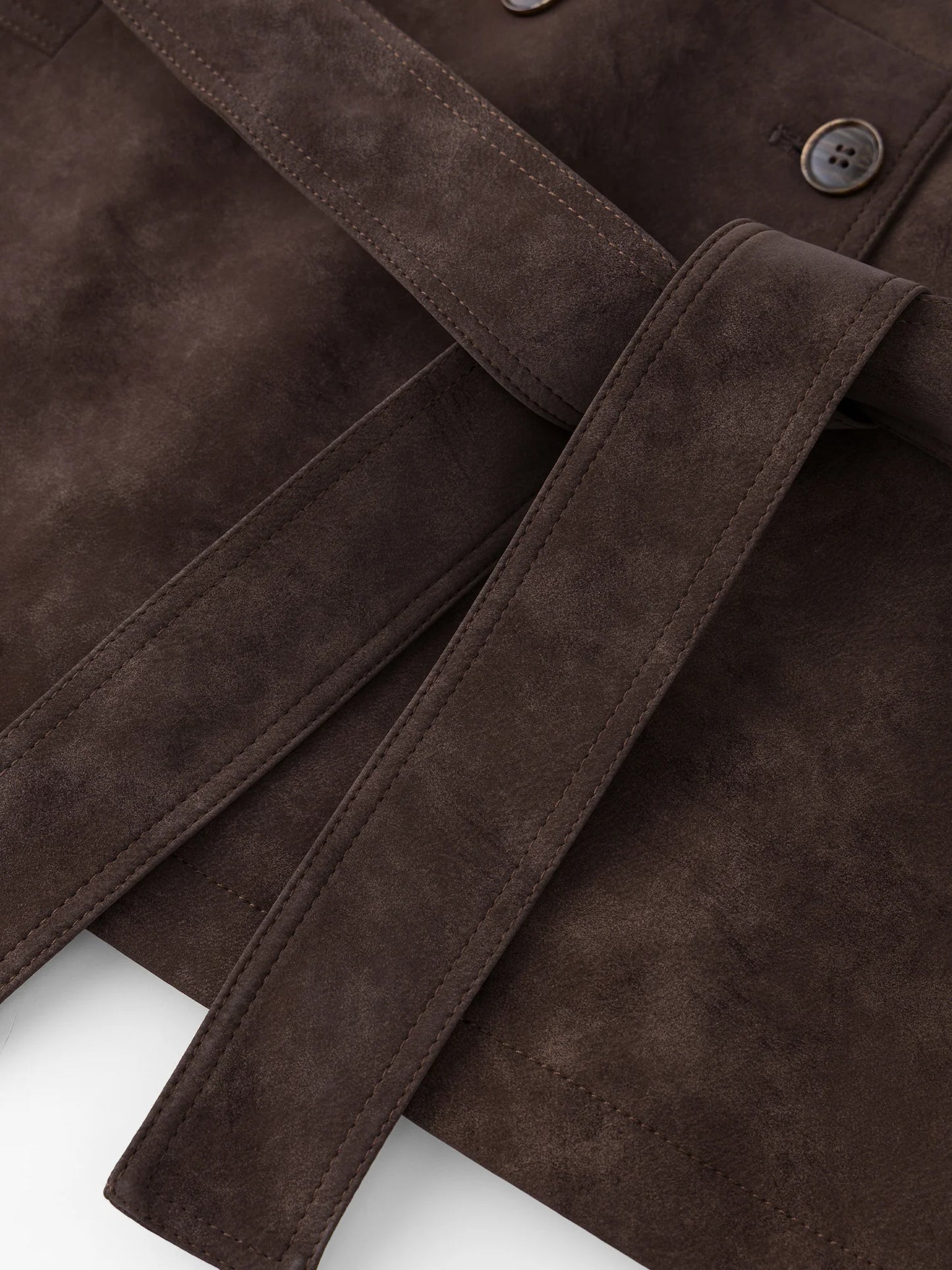 FSLE Retro Double-breasted Lapel Loose Leather Jacket for Women 2025 Winter New Casual Coffee-colored Jacket Loose Fit