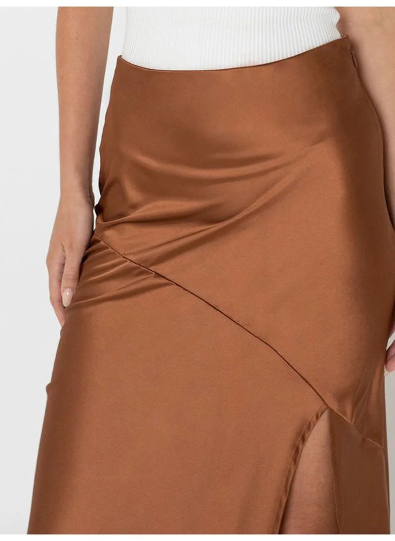 Summer Satin Skirts For Woman Office Maxi A Line Black Silk Skirts With Slit Lady High Waist Women Patchwork Skirt Long Elegant
