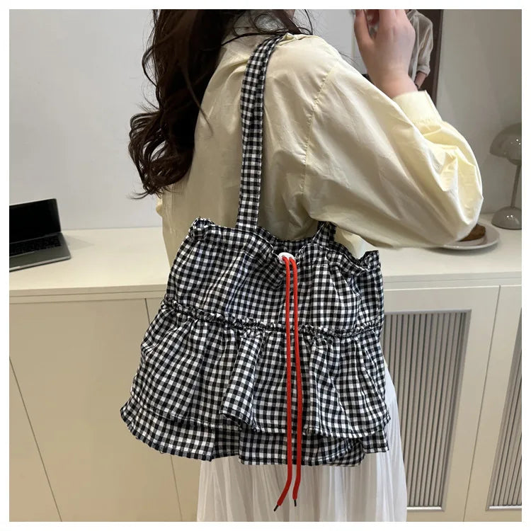Women's Tote Bag Ruffles Plaid Drawstring Handbag Women Fashion Canvas Shoulder Bags	Large Capacity Korean Bags Bolsos De Mujer