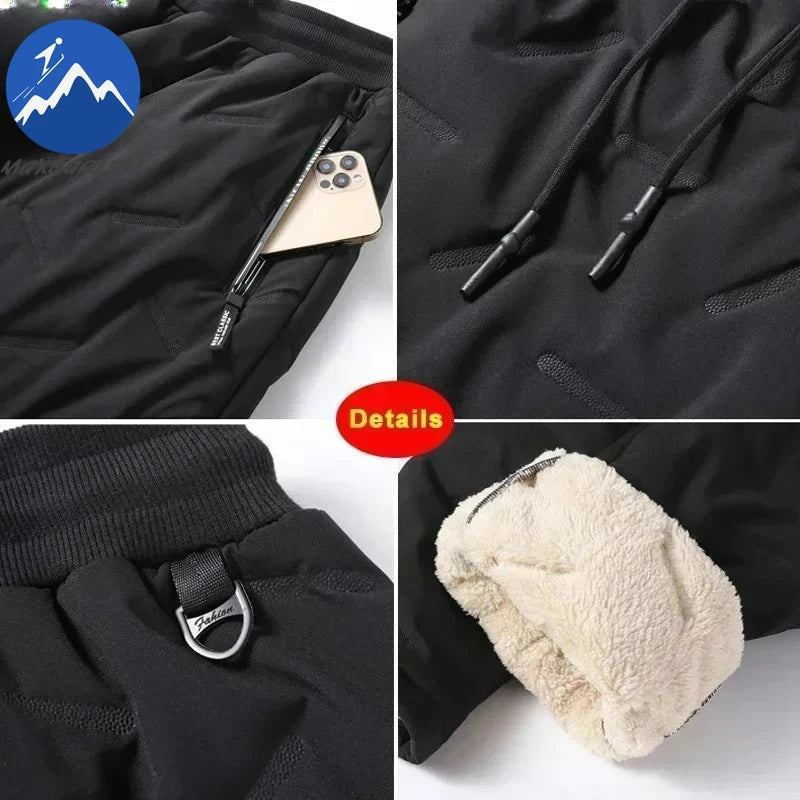 Winter Zip Pockets Thicken Fleece Sweatpants Men Joggers Black Grey Down Cotton Warm Pants Male Water Proof Thermal Trousers 7XL