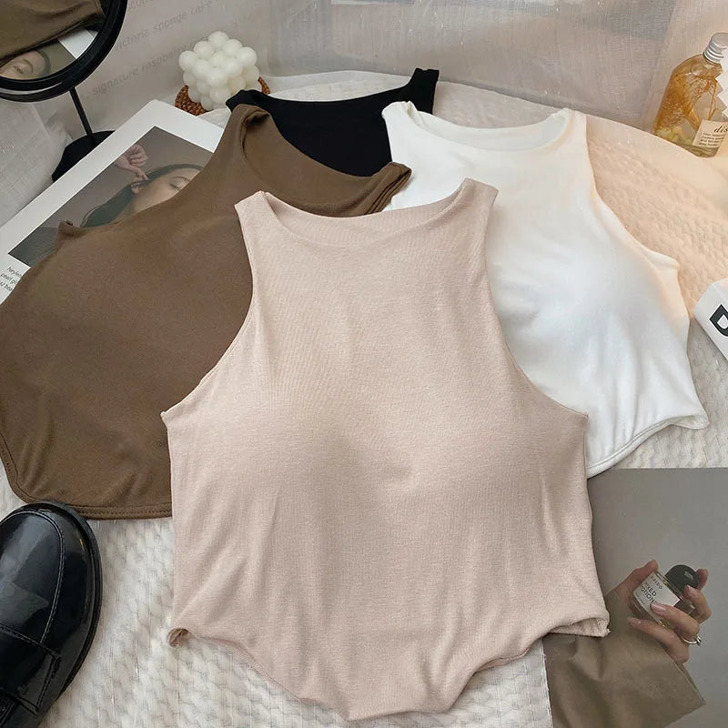 Summer Women Tank Tops Solid Color Camisole with padded Bra sexy Off Shoulder O Neck Elastic Tank Top Casual Sport Vest