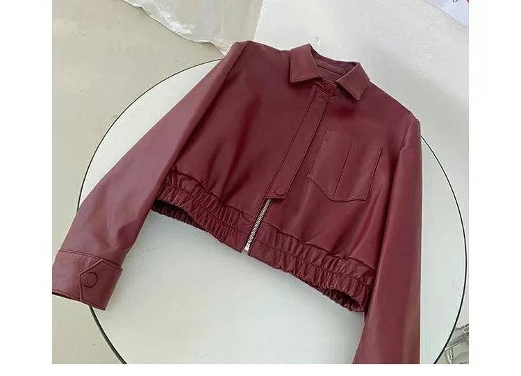 European 2025 New Fashion Short Leather Jacket For Women Casual Elastic Band Waist Top Clothing Mujer Varsity Claret Veste