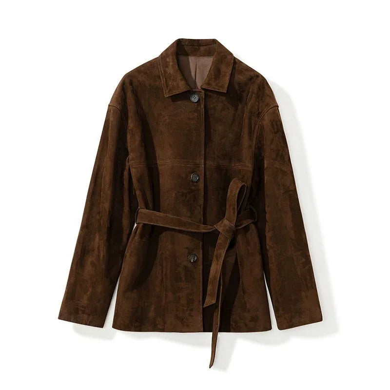French High-end Kid Suede Leather Jacket for Woman Auburn Square Neck Single Breasted Long Coat with Waistband Female Outwears
