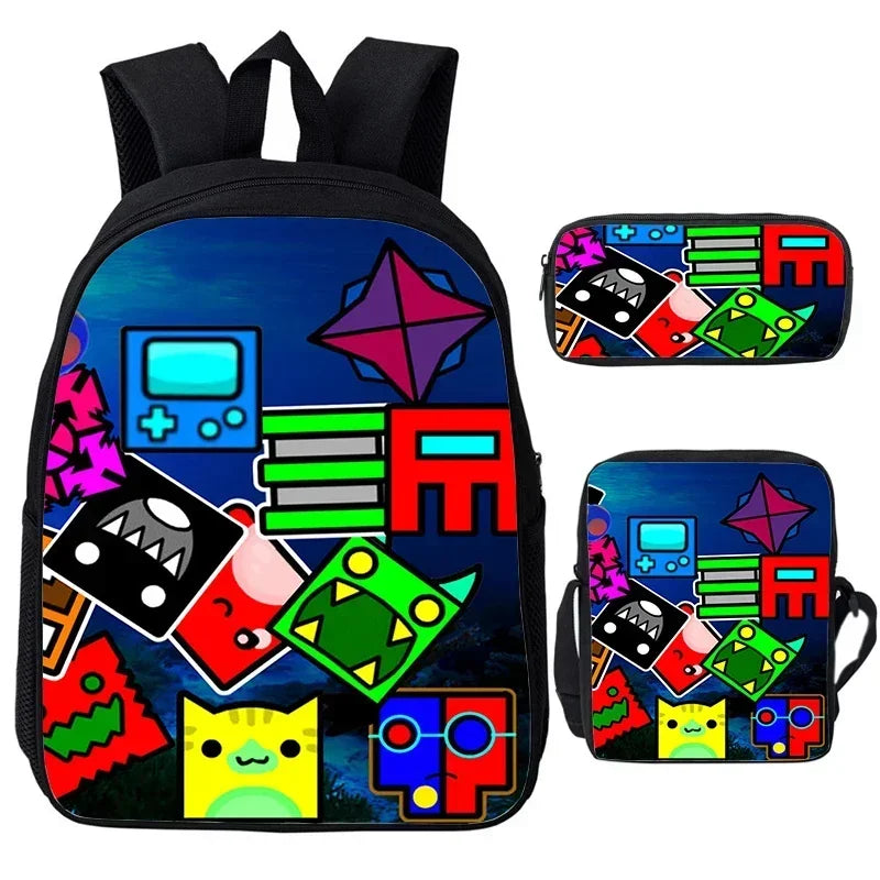 Large Capacity Bookbag 3pcs Set Boys Girls School Bags Angry Geometry Dash Cartoon Print Children Backpack Back To School Gifts