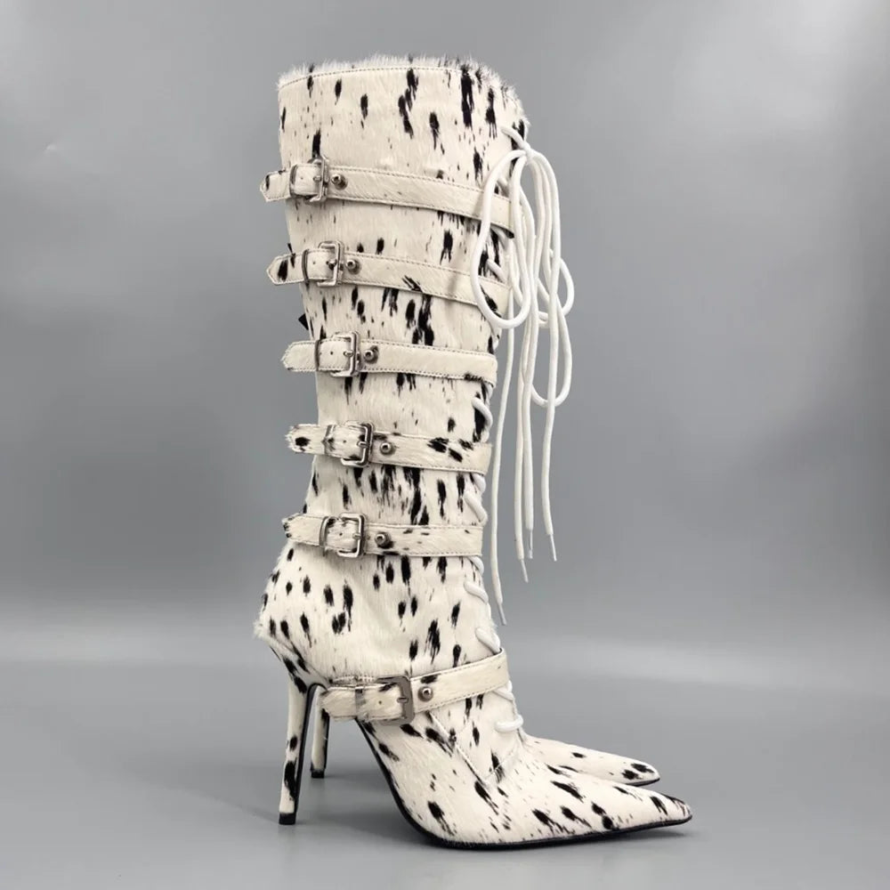 Horsehair Metal Rivet Buckle Betl Long Boots Thick Heel Sexy Pointed Toe Zipper New Arrivals Fashion Women Modern Boots