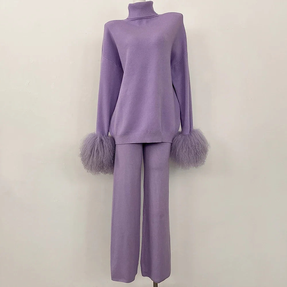 Knitwear Woman Wool & Blend Knitted Pullover and Pants Real Mongolian Sheep Fur Cuffs Sweater Set Real Fur Knitted Suit 2026 New