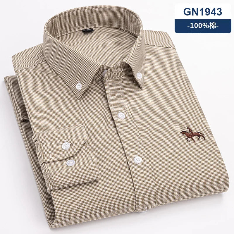 S-6XL Casual Pure Cotton Oxford Mens Shirts Long Sleeve Embroidery Horse Design Regular Fit Fashion Button Man White Dress Shirt