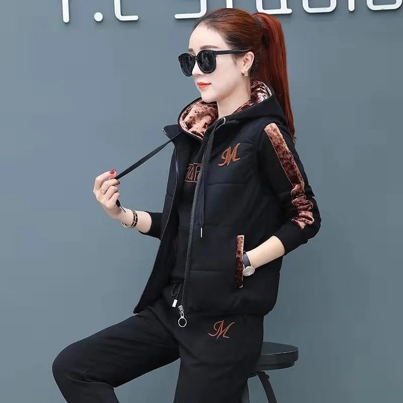 Women's Casual Sweat Suit 2025 Autumn Winter New Fashion Plush Thickened Hooded Tops Waistcoat Pants 3 Three Piece Set For Women
