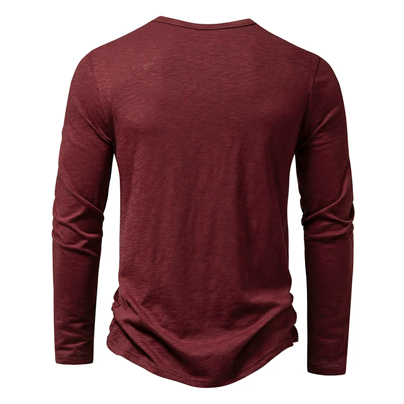 New Men's Cotton Henley T Shirt Long Sleeve T-Shirts Basic Casual Button Collar Breathable Daily Top Tees