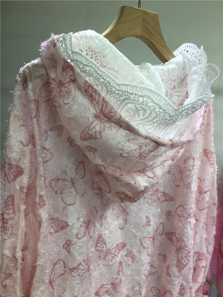 Women Hot Drilling Diamonds Beaded Sunscreen Hoodies Shirts Coat Strawberry Butterfly Lace Spliced Blouses Zipper Cardigan Tops