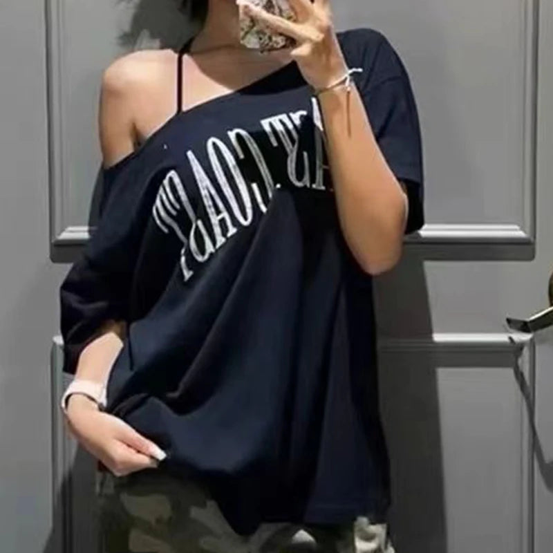 EOTVOTEE Sexy T-Shirts for Women Diagonal Collar Short Sleeve Casual Tops Spring 2025 New Fashion Female Letter Printed T-Shirts