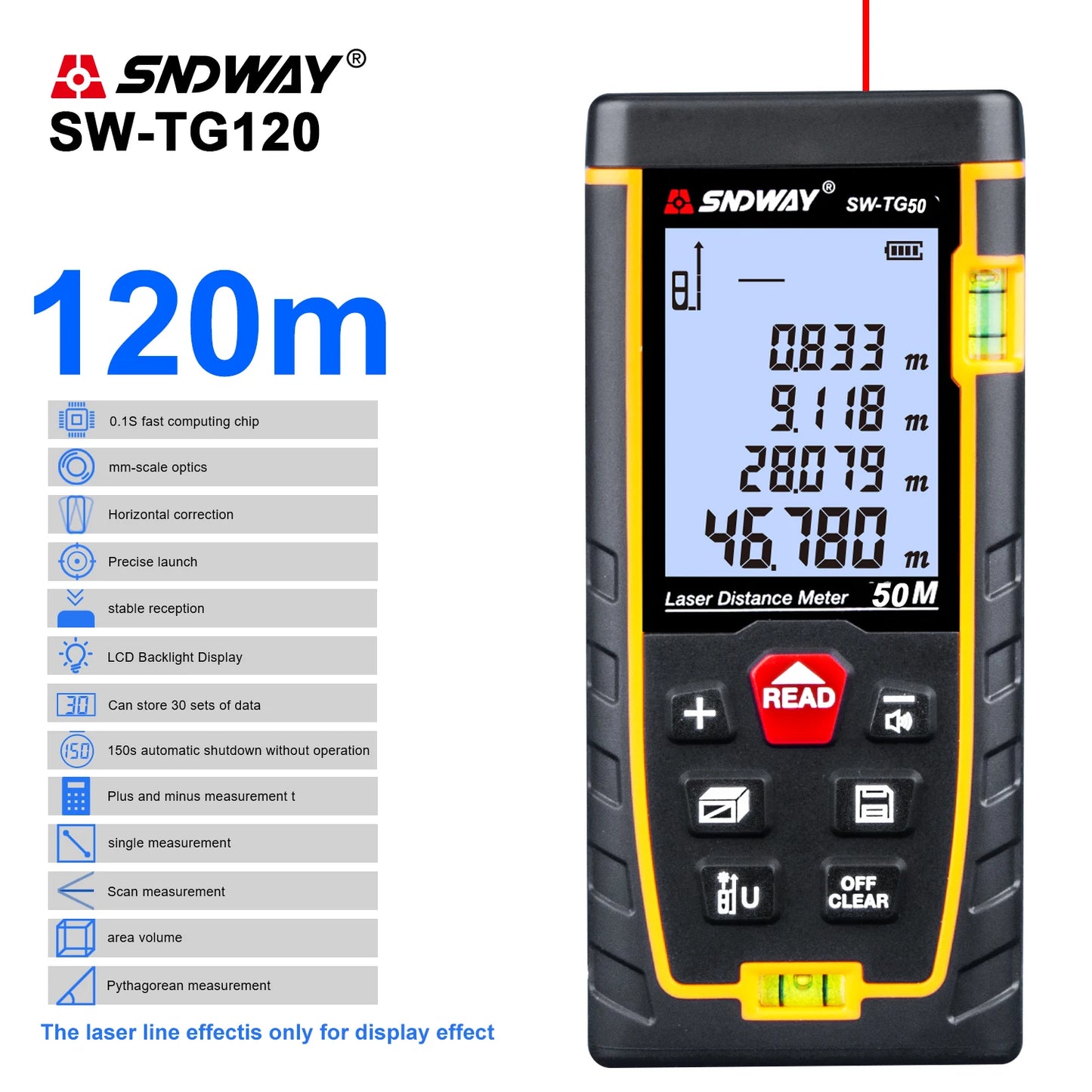 SNDWAY Laser Distance Meter Double Bubble Rangefinder Measure Tape Laser Diastimeter 50M Laser Range Finder