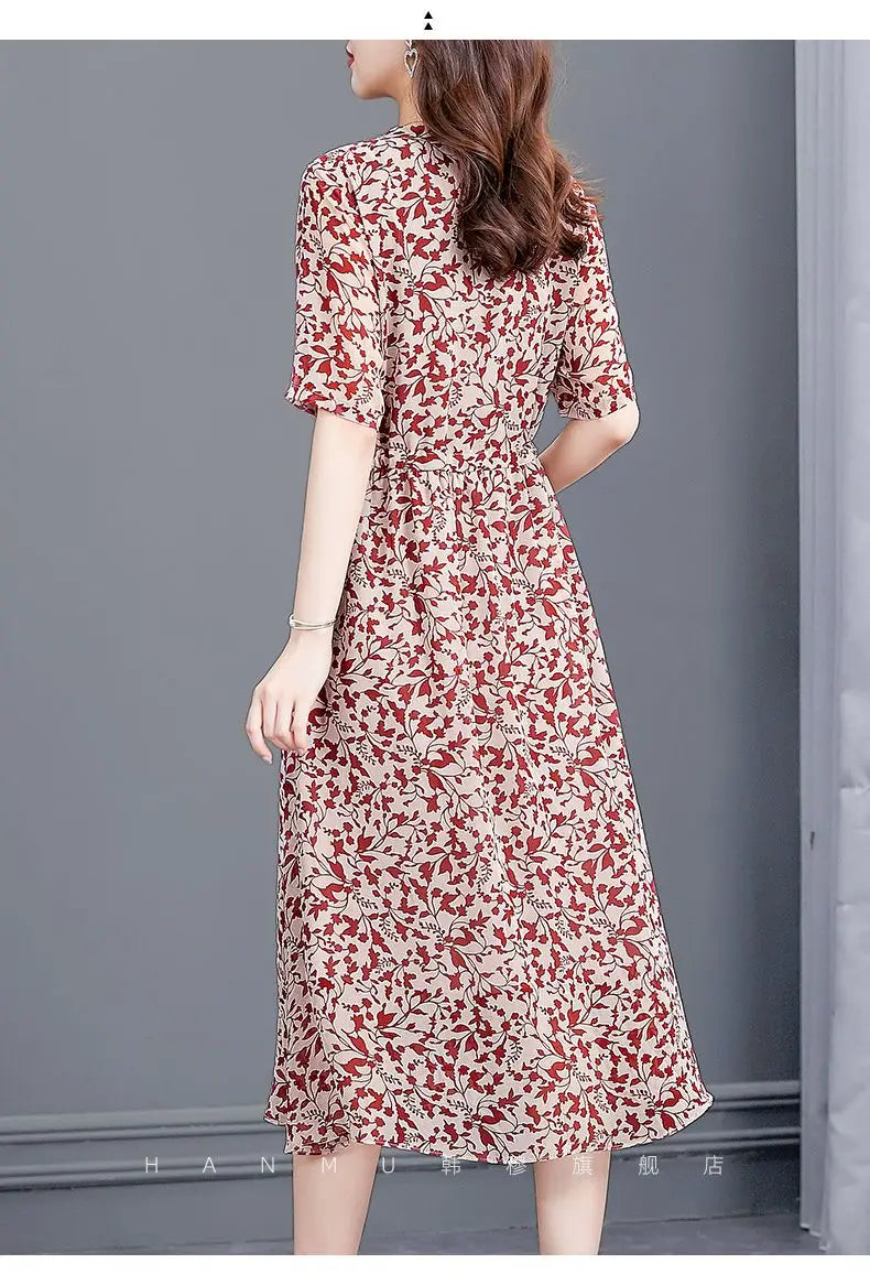 Women's Mulberry Silk Midi Dress V-Neck Three-Quarter Sleeve Red Floral Print Waist Tie Elegant Silk Summer Dress For Mature