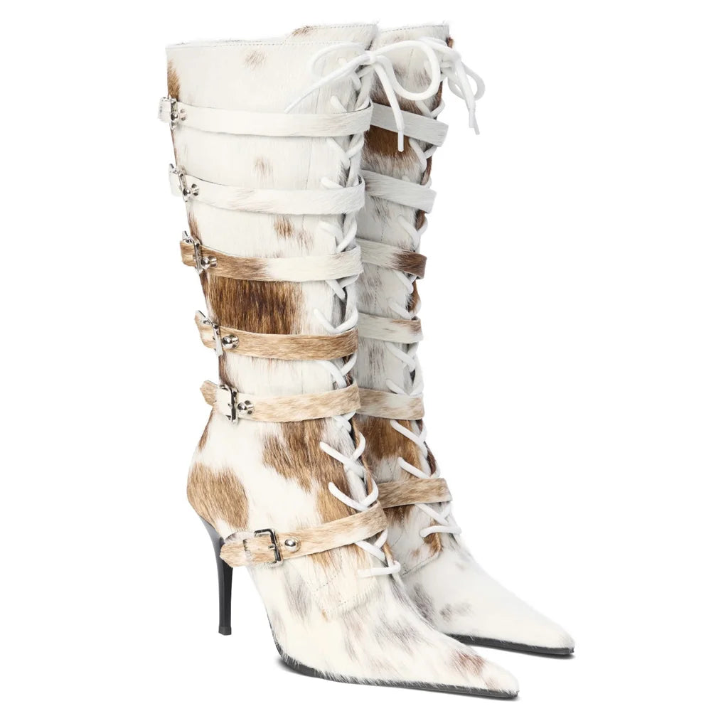 Horsehair Metal Rivet Buckle Betl Long Boots Thick Heel Sexy Pointed Toe Zipper New Arrivals Fashion Women Modern Boots
