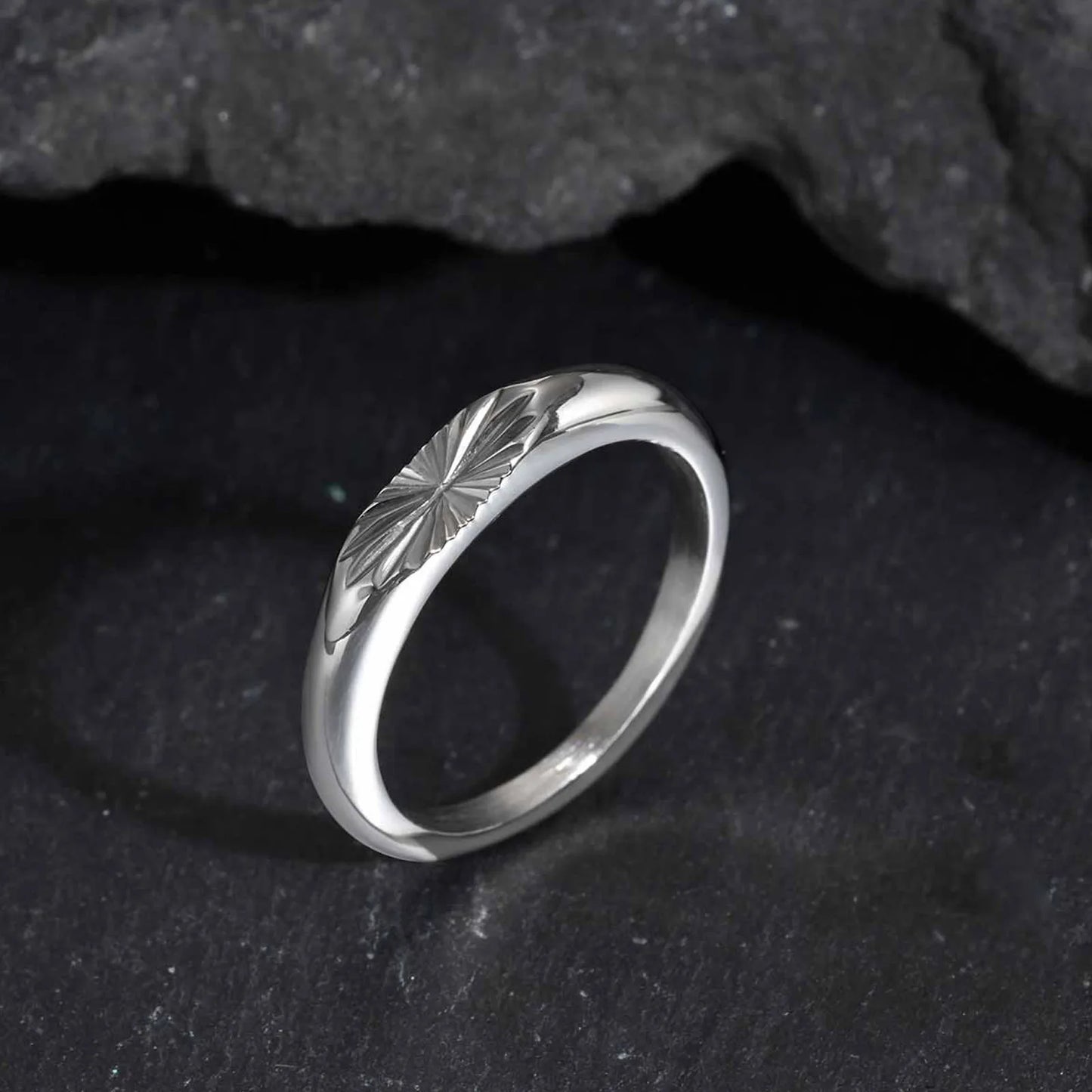 Minimalist Silver Color Men's Ring,Embossing Radiation Sunburst Stainless Steel Tail Ring,Stylish Wedding Finger Ring Gifts