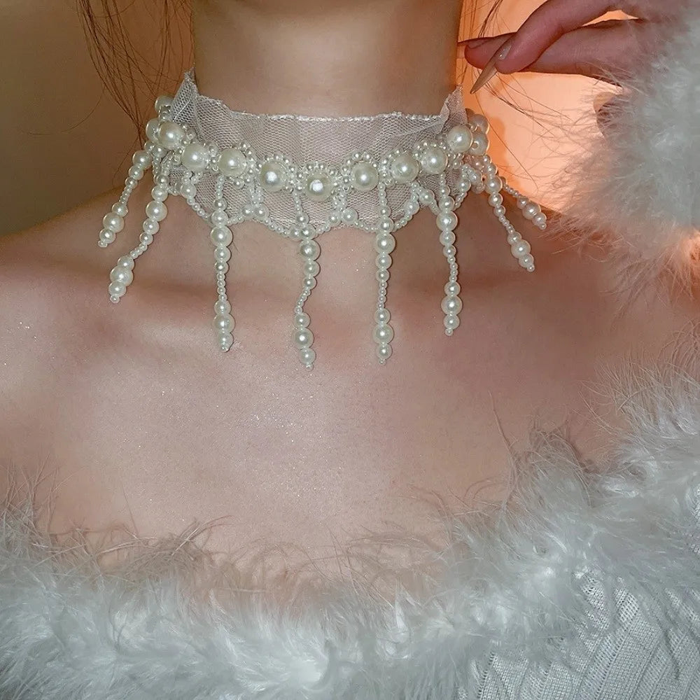 Neck Pendant White Pearl Lace Choker Creative Alloy Tassel Beads Necklace French Style Collarbone Chain Mesh Neck Jewelry Gift