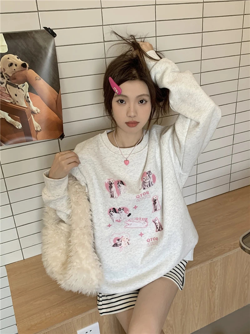 KOSAHIKI Cute Hoodies Women Letter Dog Print Sudaderas Mujer O-neck Sweatshirt Harajuku Streetwear Y2k Pullover Moletom Feminino