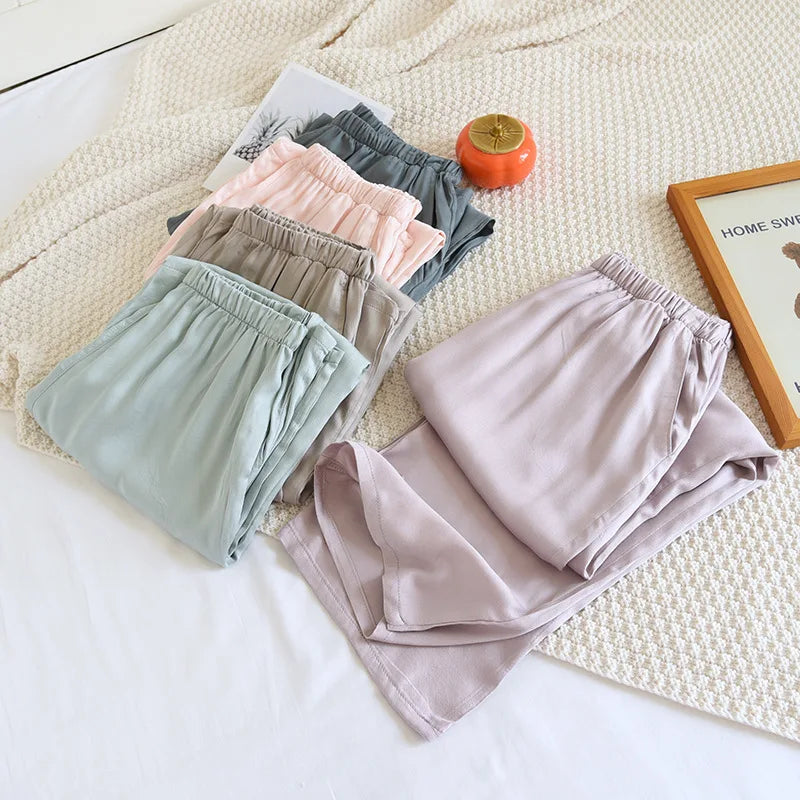 Thin Solid Color Summer Sleep Bottoms Ice Silk Satin Couple Sleeping Pants Loose Mosquito Proof Pants for Women and Men