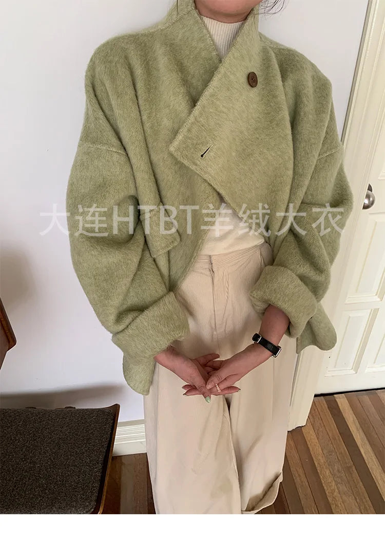New Winter Short Woolen Coat Fashion Causal Warm Mulberry Silk Lapel Double-sided Wool Coat Loose Suit Jacket Female Tide Autumn