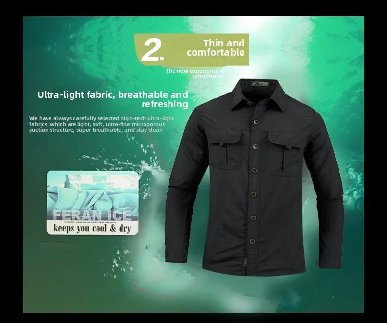 Men's Lightweight Quick-Drying Shirt Tactical Casual Military Long-Sleeved Cargo Shirt Breathable Sport Sunscreen Hiking Shirt