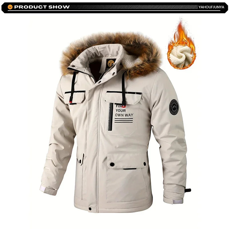 2026Winter Men Outwear Fleece Warm Removable Hooded Hiking Jacket Men Outdoor Windproof Casual Fashion Jacket Coat Male Clothing