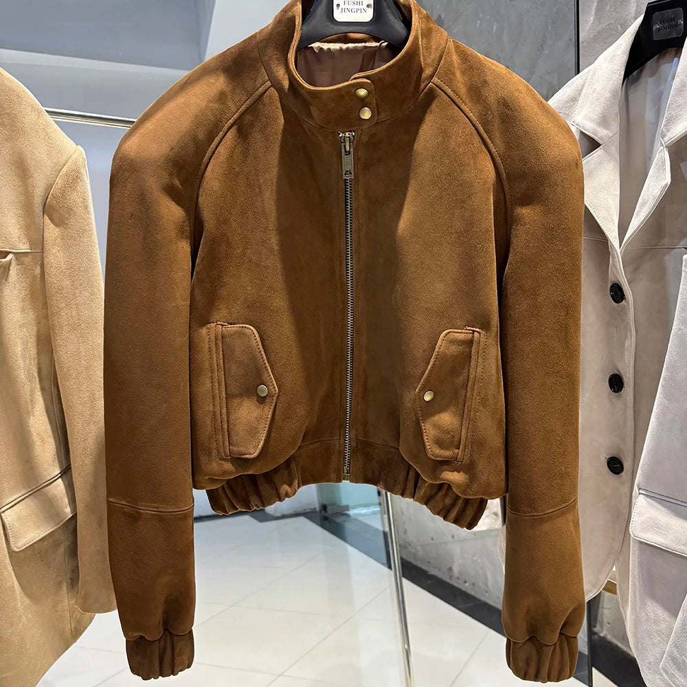 YOLOAgain Suede Leather Jacket Coat Women Real Leather Cropped Jacket Bomber Jacket 2025 Autumn
