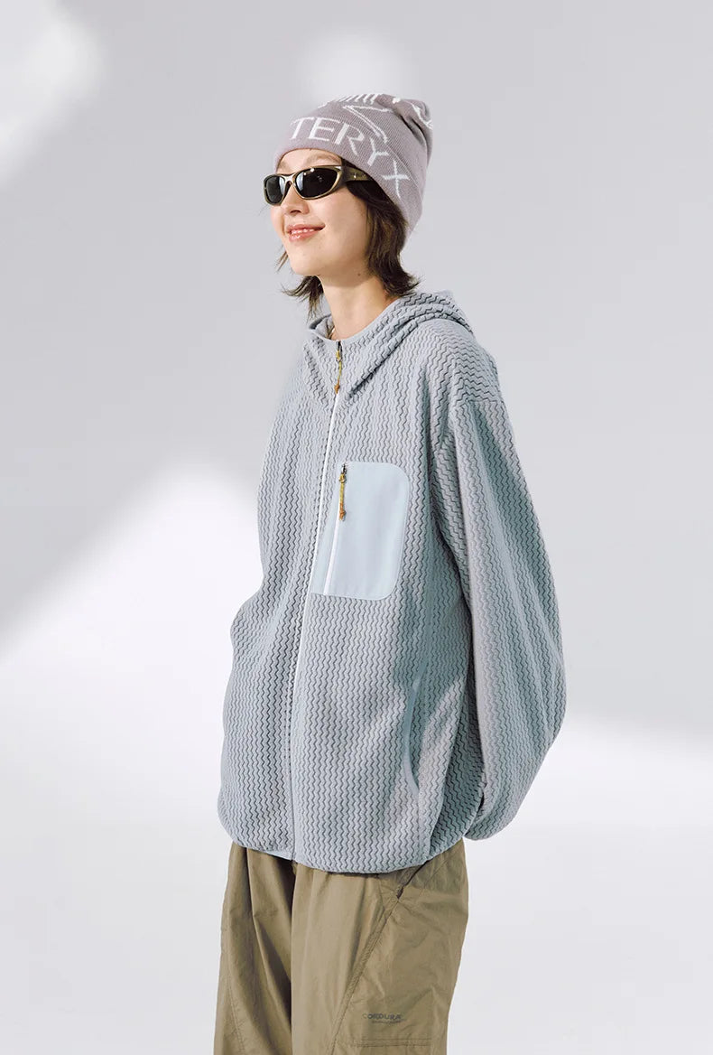 Winter Outdoor Windproof Wavy - Patterned Stand - Collar Zip - Up Jacket Unisex Loose-fitting Casual Warm Windproof Jacket.