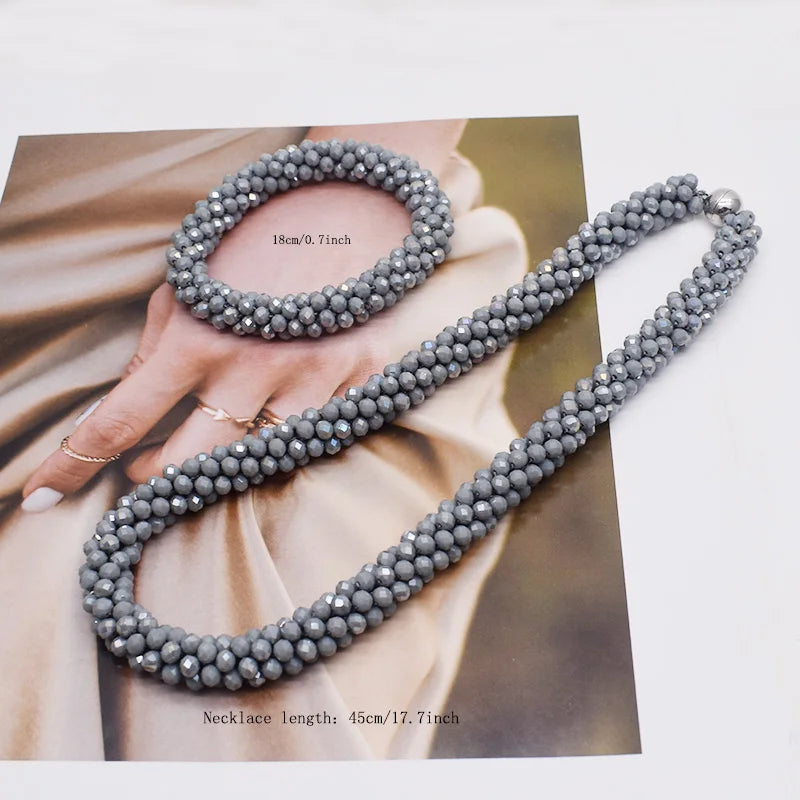 New Woven Bead Necklace Glass Beaded Bohemian Statement Necklace Bracelet Hair Accessory Set For Women Jewelry Gift