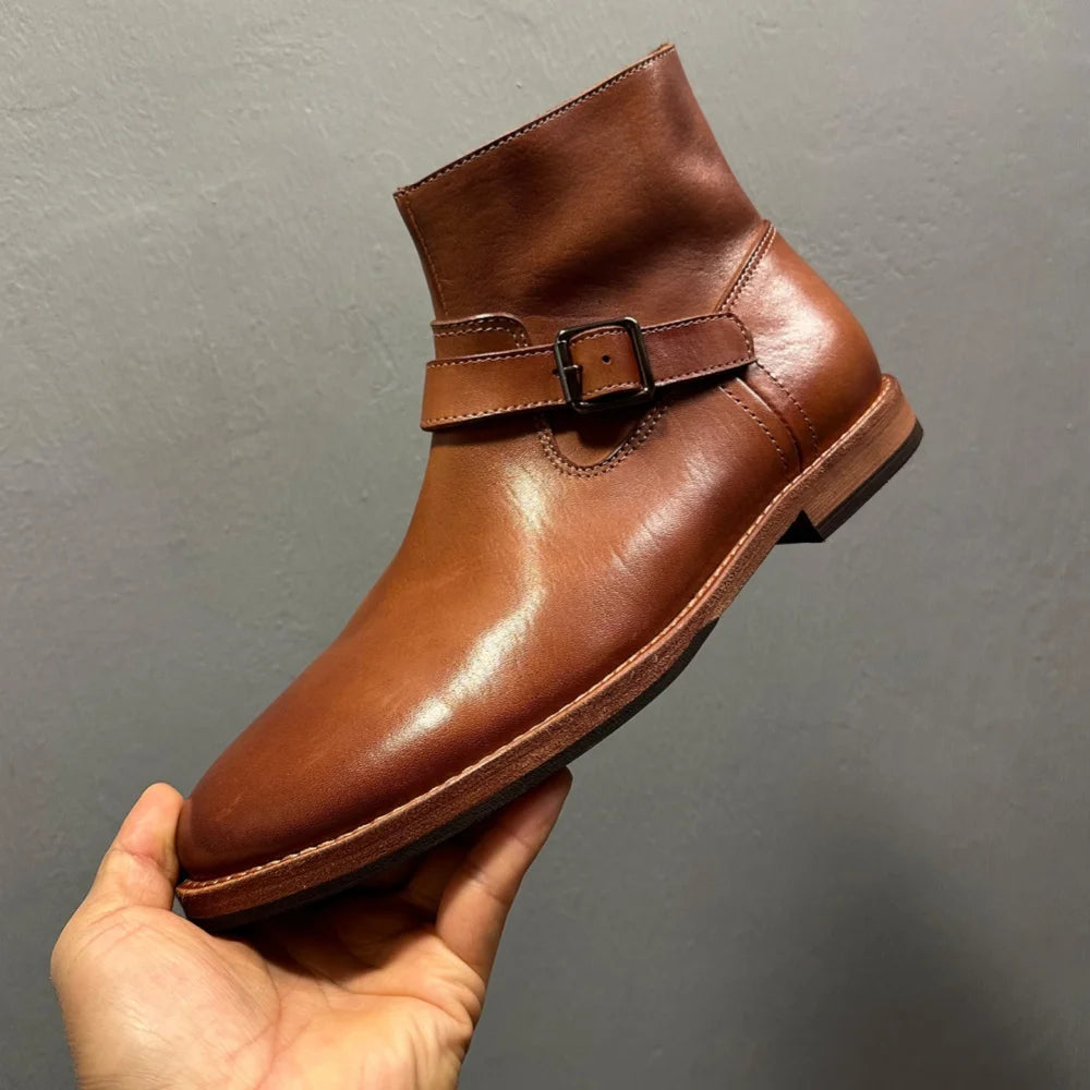 Handmade horsehide casual ankle boots Chelsea boots for men genuine leather sole adjustable strap decoration zip business style