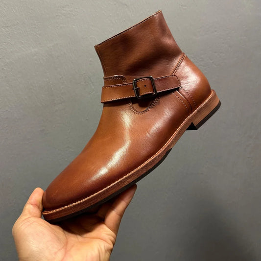 Handmade horsehide casual ankle boots Chelsea boots for men genuine leather sole adjustable strap decoration zip business style