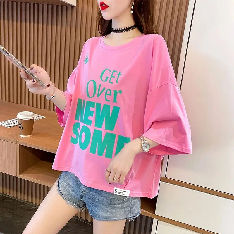 Women's T-shirt Summer Outfit Graphic Short Sleeve Cotton Top Female Baggy Trending Clothing Korean Popular Clothes Cheap Woman