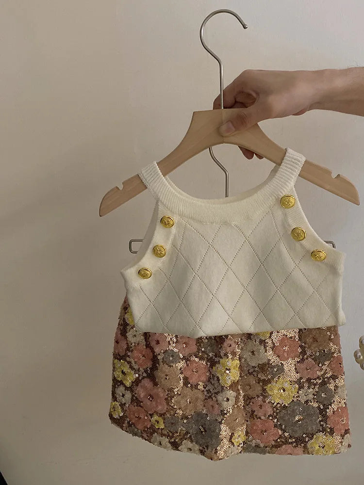 Summer Set Top 2024 New Girls Design Tank Top Flower Short Skirt Set Baby Girl Sweet Cute Temperament Clothes