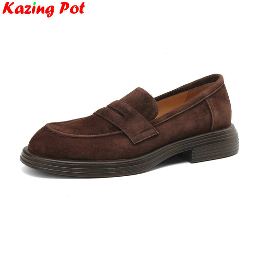 Krazing Pot Sheep Suede Size 34-41 Round Toe Med Heels Retro Mature Loafers Slip On Casual Spring Shoes Dating Brand Women Pumps