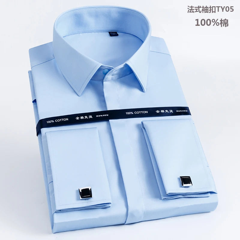 Men's French cufflinks shirt made of pure cotton long sleeved slim fit concealed button, solid color high end wedding dre